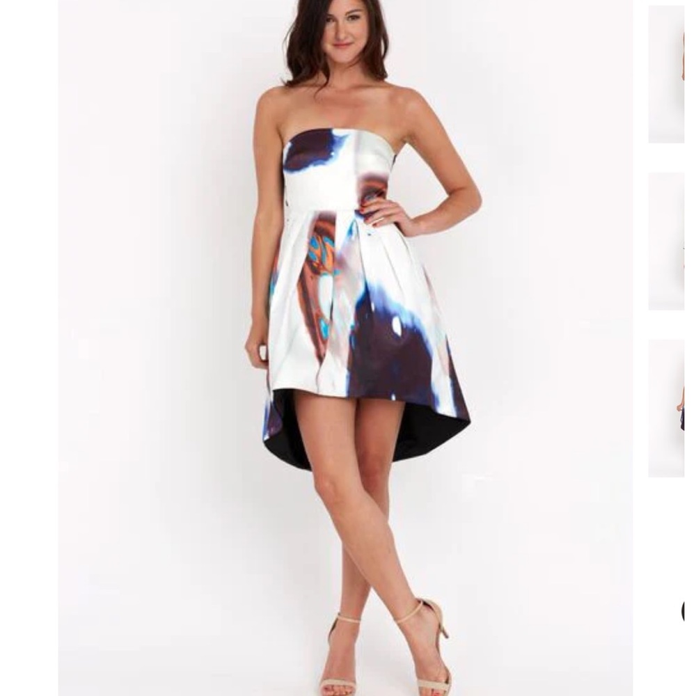 ASILIO Strapless High-Low Printed Cocktail Dress in White, Blue & Tie-Dye